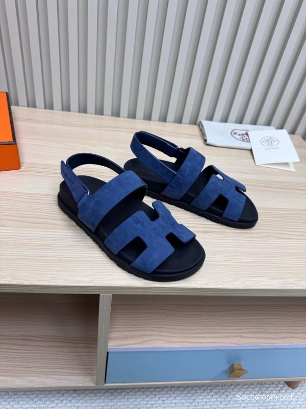 2025 Women Hermès Navy Suede Leather Sandals