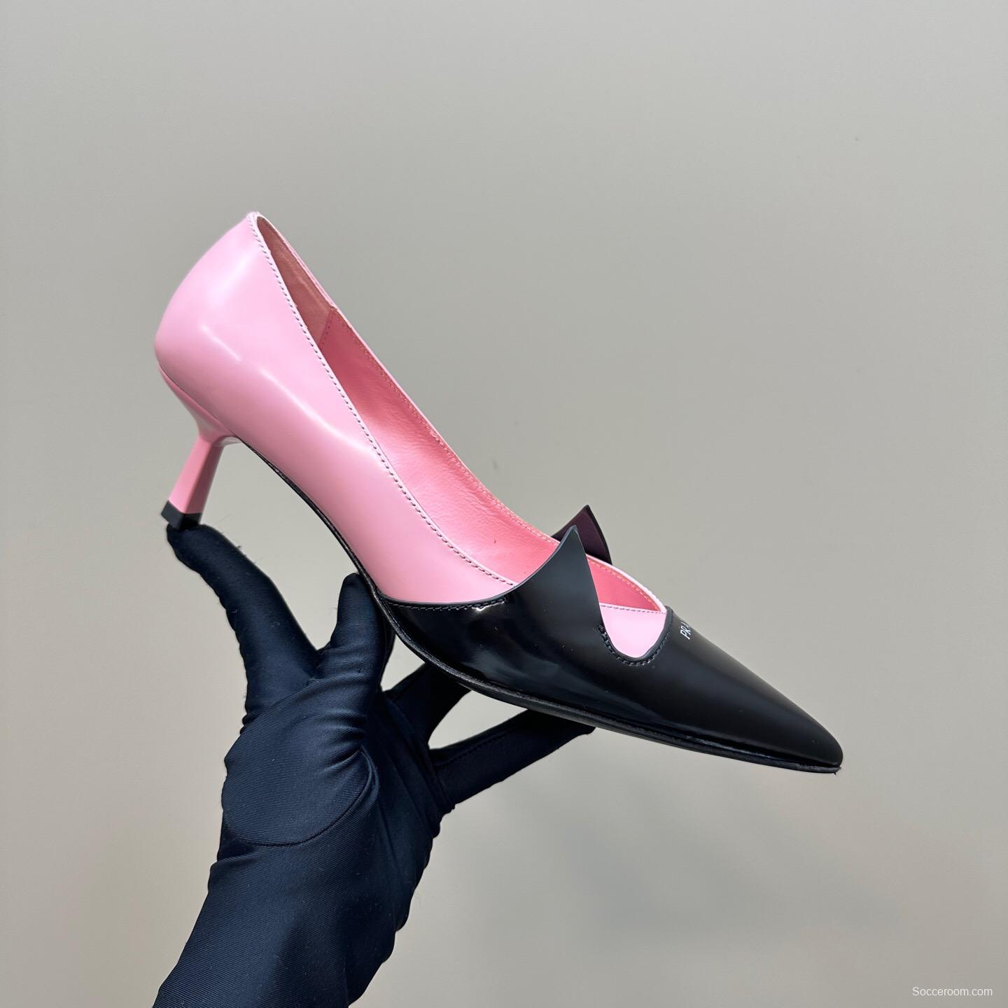 2025 Women Prada Pink Black Leather Pointed Toe Low Heel KFY00310