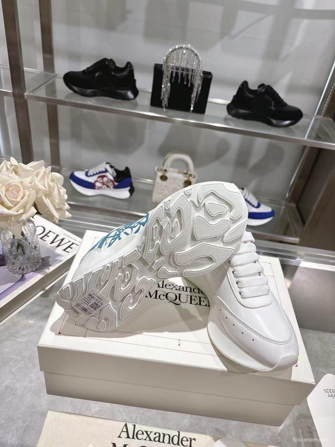 2025 Women Alexander McQueen White Blue Leather Sneakers LY00340