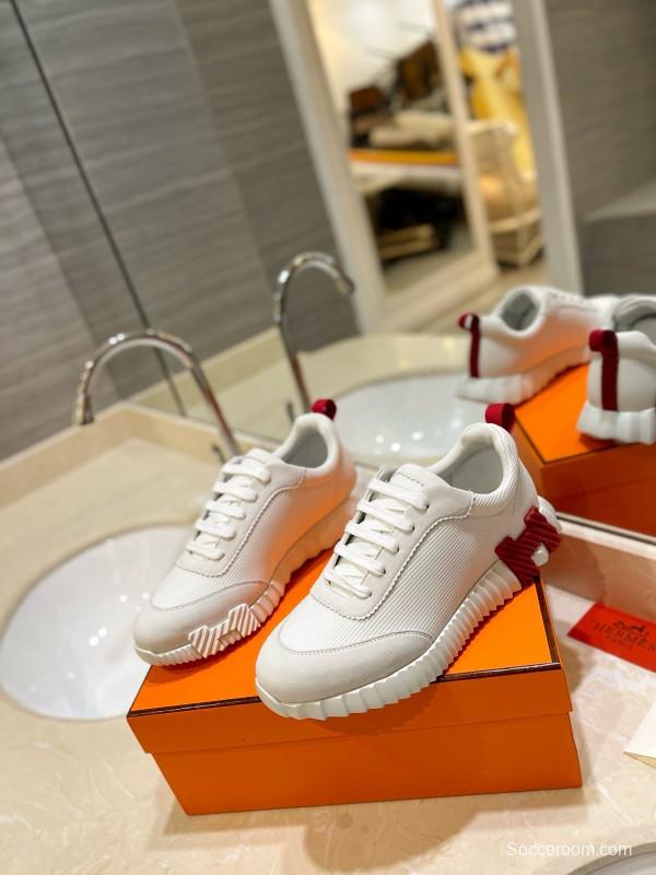 2024 Unisex Hermès White Red Silk Sheepskin Sneakers MJ00320