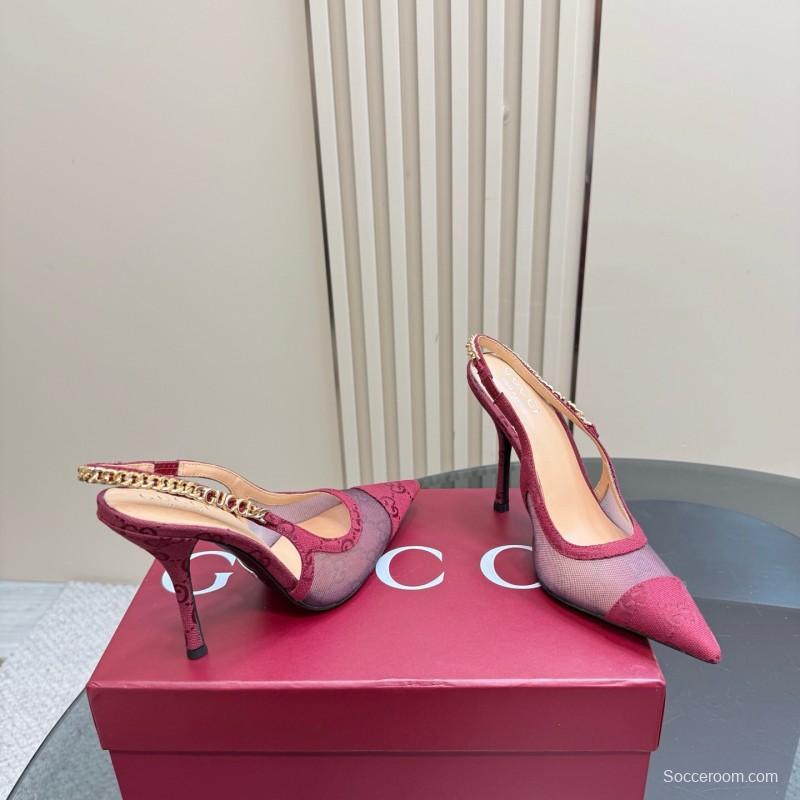 2025 Women Gucci Burgundy Mesh Chain Detail Slingback Pumps KFY00300(F)