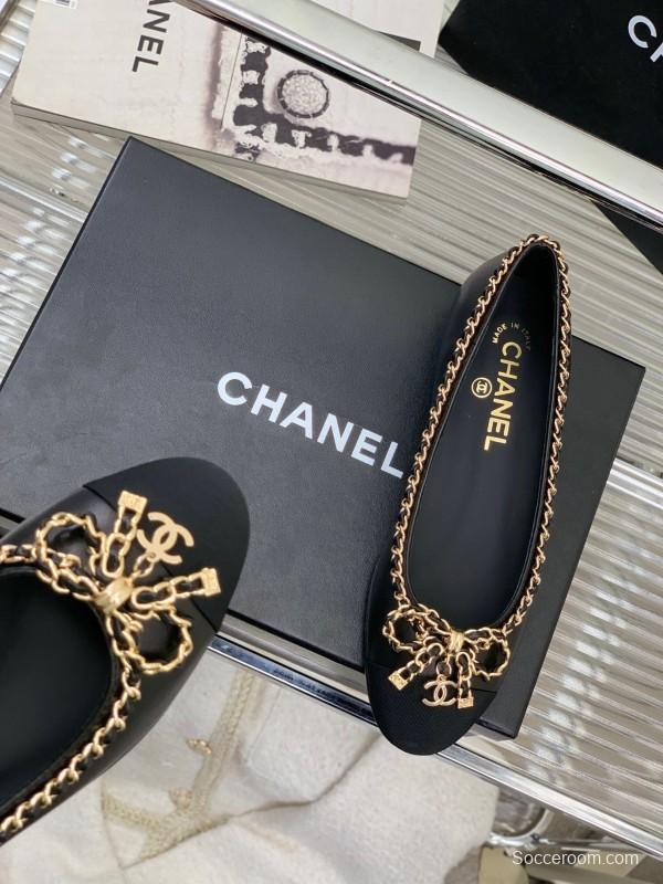 2025 Women Chanel Black Gold Leather Ballet Flats