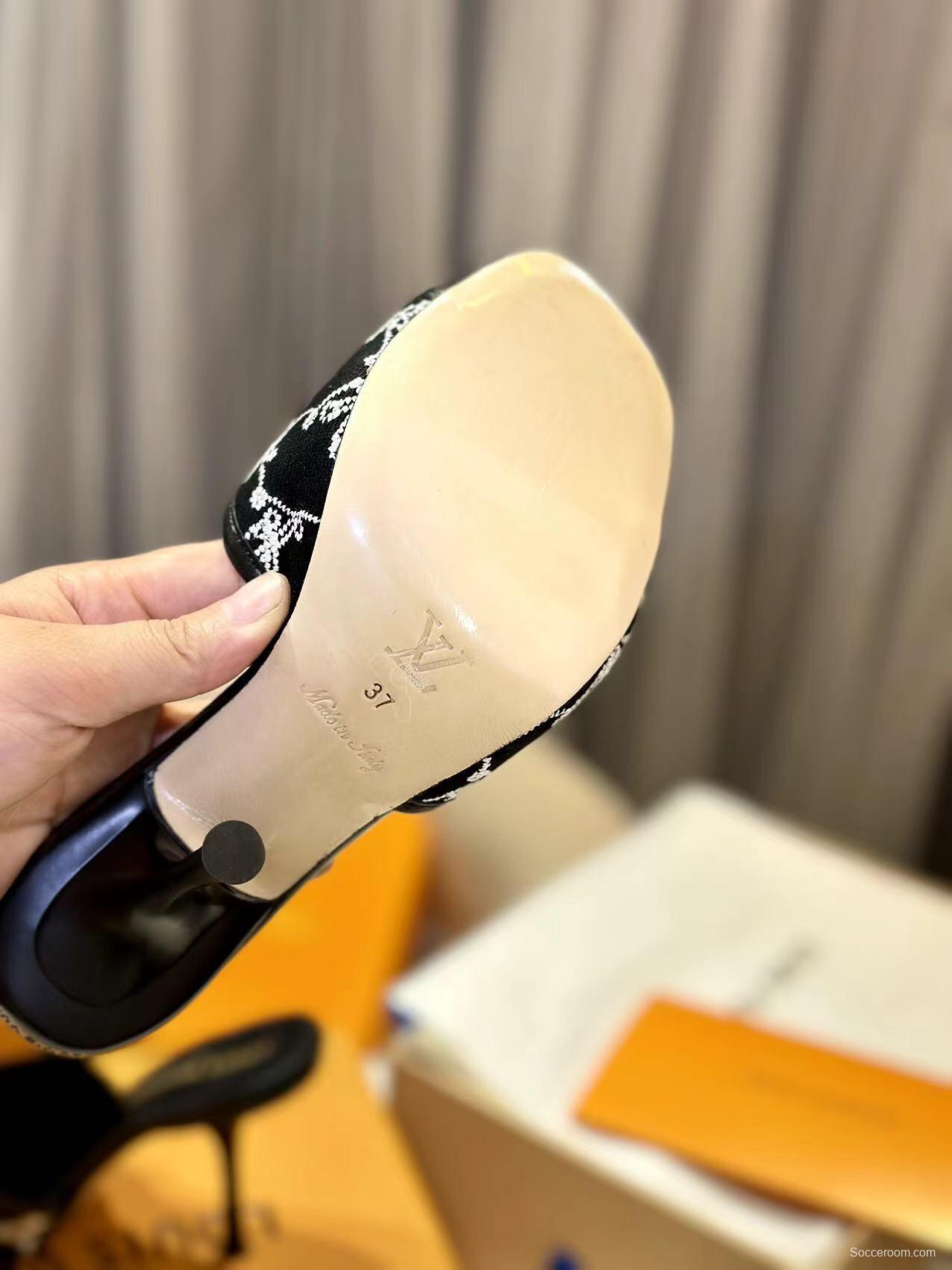 2025 Women Louis Vuitton Black White Embroidered Leather High Heel LY00250