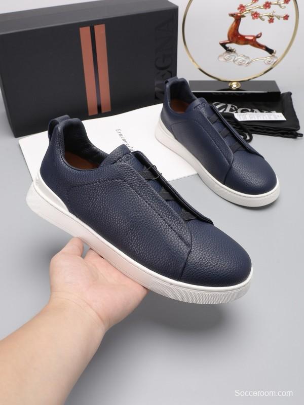 2024 Men Ermenegildo Zegna Navy Leather Low Top Sneakers MJ00240