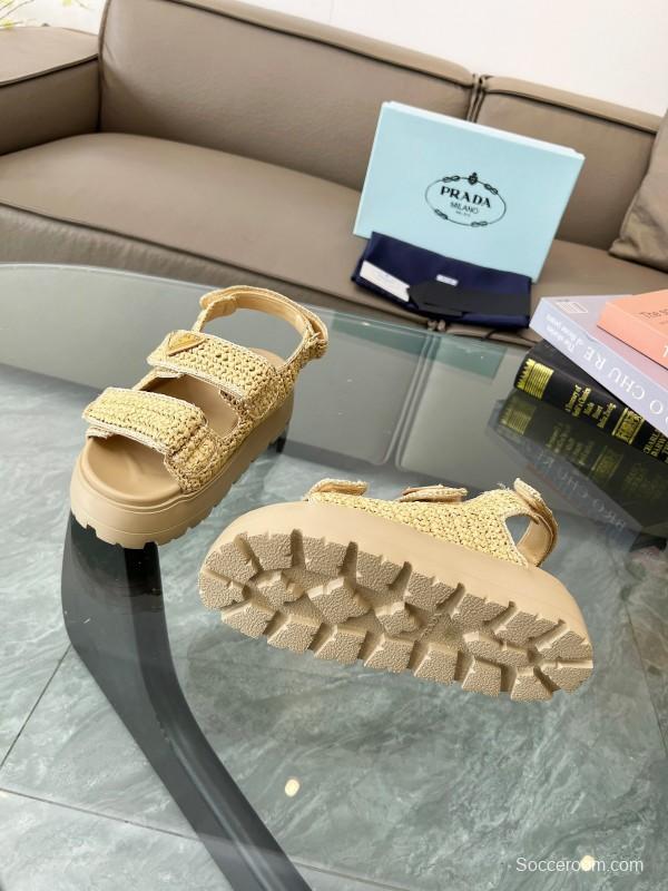 2025 Women Prada Beige Braided Leather Platform Sandals LY00300