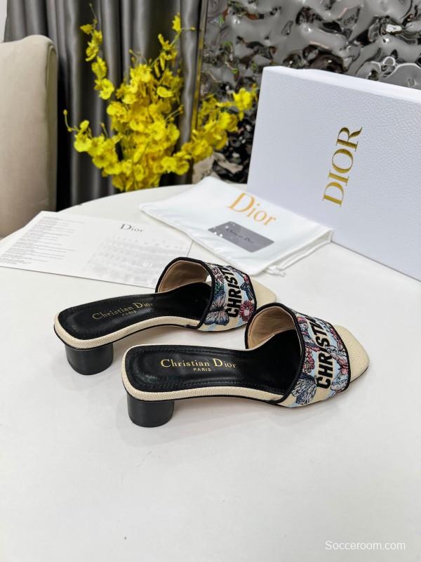 2025 Women Dior Black Beige Embroidery Mid Heel Slippers