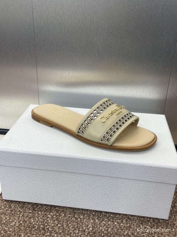 2025 Women Dior Beige Leather Slippers KFY00300