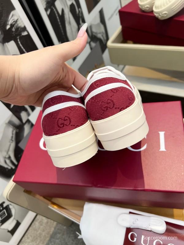 2025 Women Gucci Burgundy Canvas Rubber Sole Thick Platform Sneakers Handcrafted LY00270