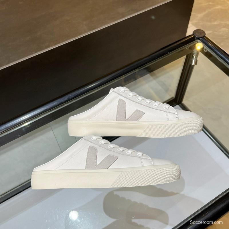 2025 Women VEJA White Canvas Leather Mule Sneakers MJ00240
