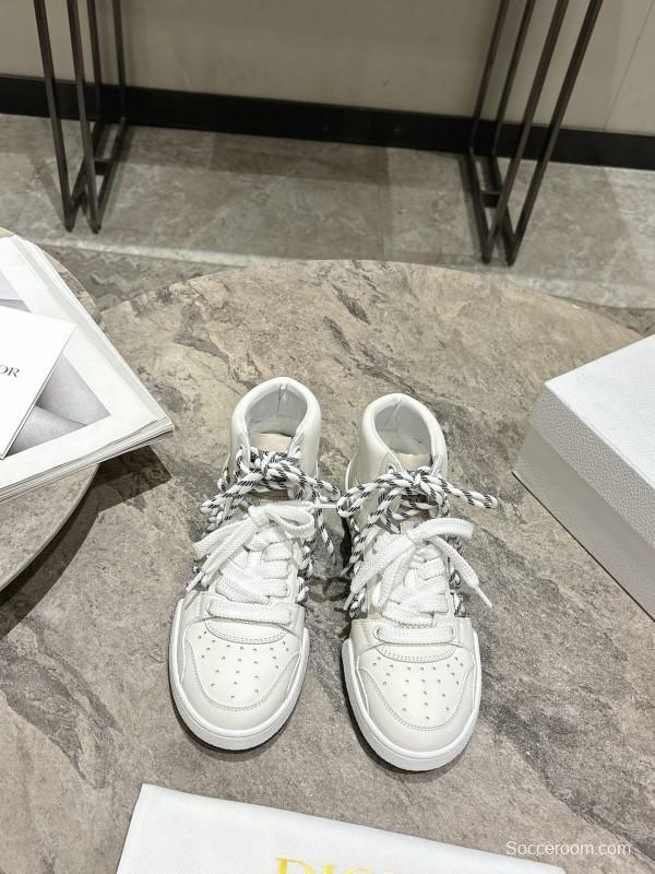2025 Women Dior White Leather Mesh High-top Sneakers
