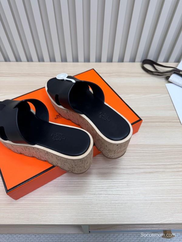 2025 Women Hermès Black Leather Wedge Sandals KFY00280