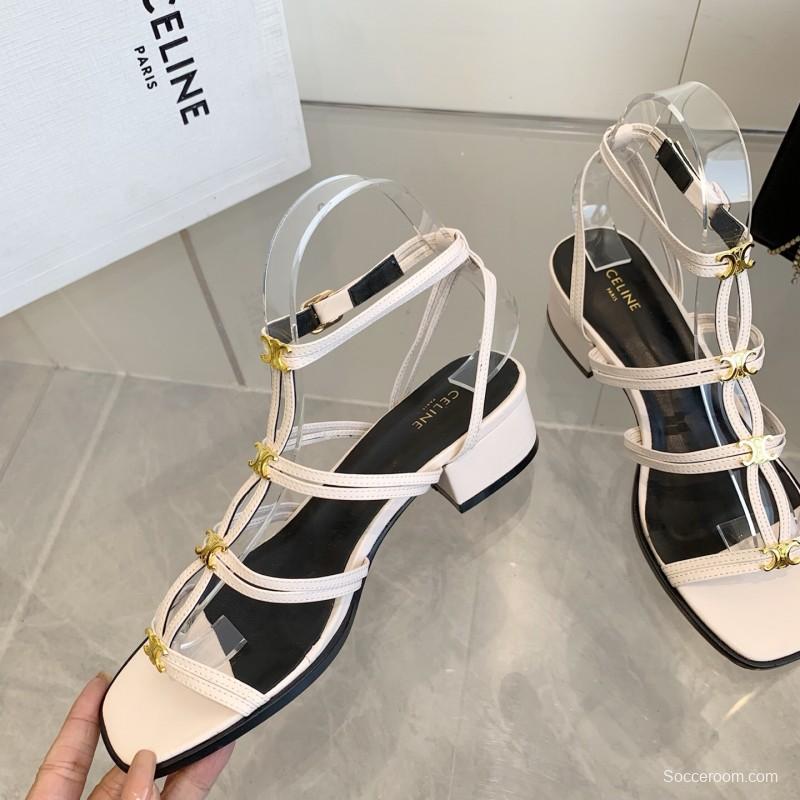 2025 Women CELINE White Leather Sandals Metal Detail KFY00300
