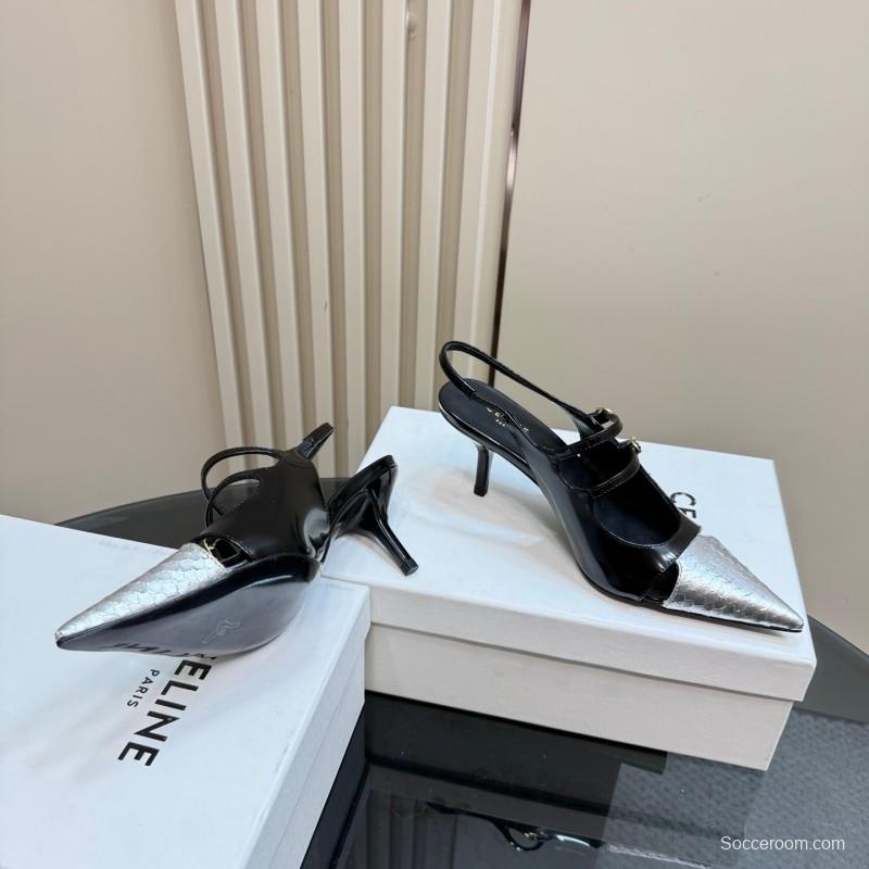 2025 Women Celine Black White Leather Pointed Toe Kitten Heel KFY00310