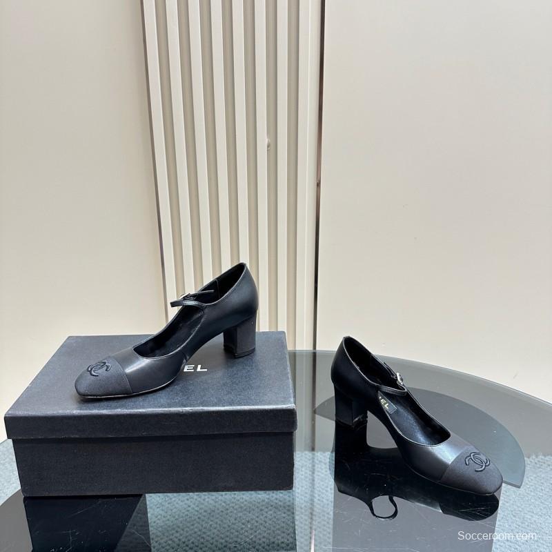 2025 Women Chanel Black Leather Mary Jane Shoes KFY00290
