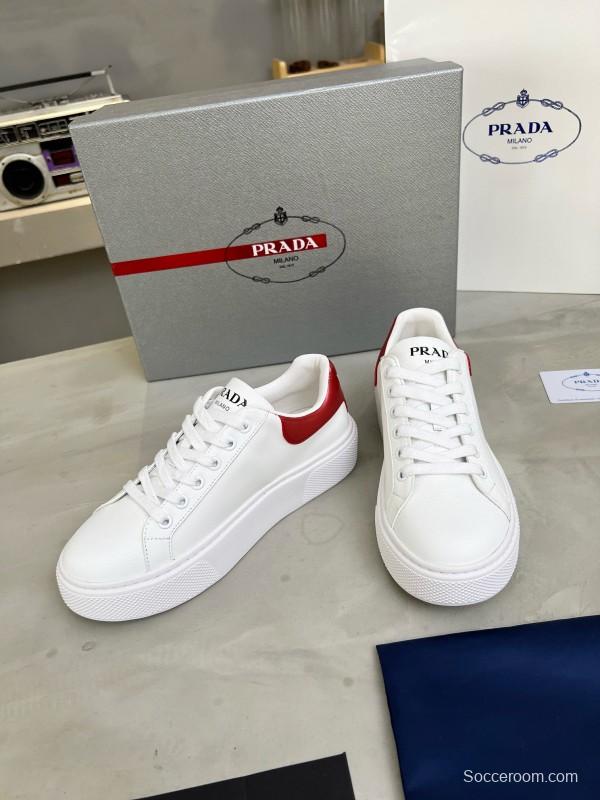 2024 Unisex Prada White Red Calfskin Silk Thick Sole Sneakers MJ00310