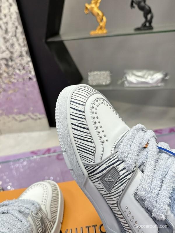 2024 Women Louis Vuitton White Grey Leather Fur Sneakers
