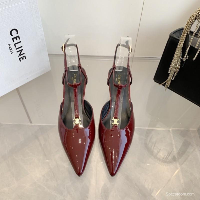 2025 Women Celine Red Patent Leather T-Strap Low Heel