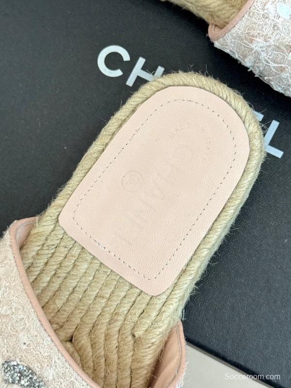 2025 Women Chanel Pink Tweed Espadrille Slide Sandals Handmade Craft KFY00240 (F)