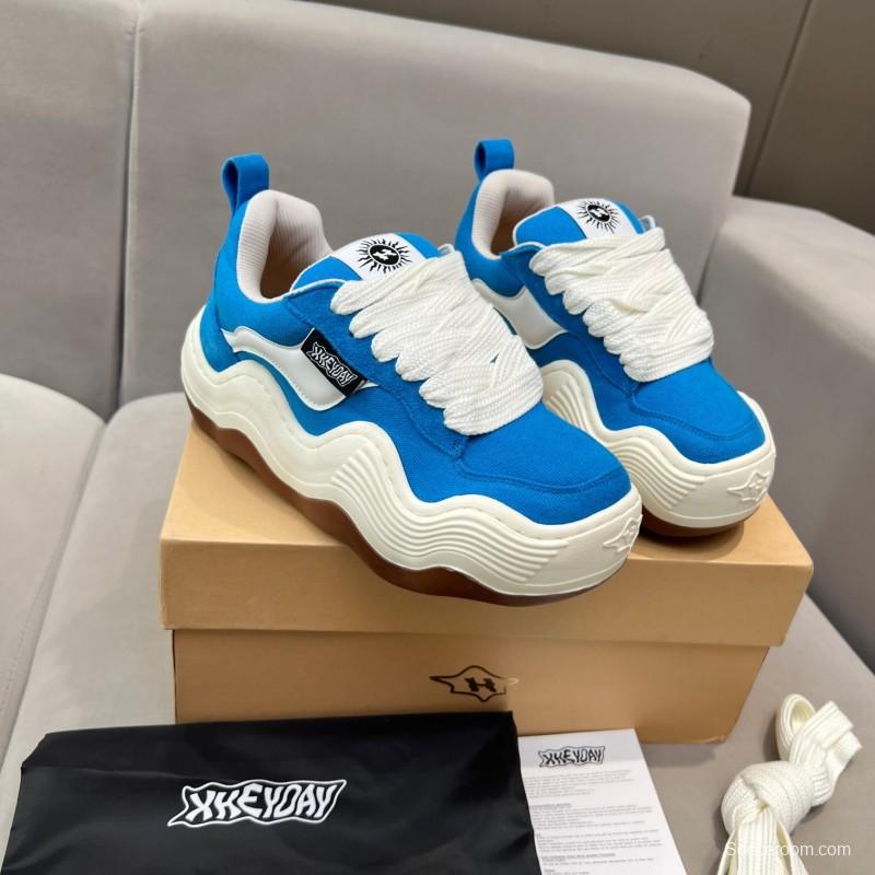 2025 Unisex HEYDAY Blue White Canvas Leather Sneakers Wavy Sole KFY00260