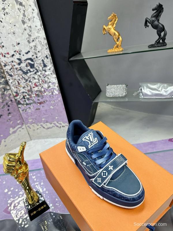 2024 Men Louis Vuitton Blue Denim Calfskin Silk Plimsolls Washed MJ00410