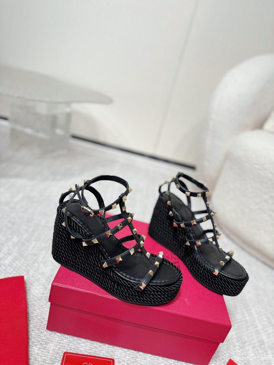 2025 Women Valentino Black Leather Studded Wedge Sandals
