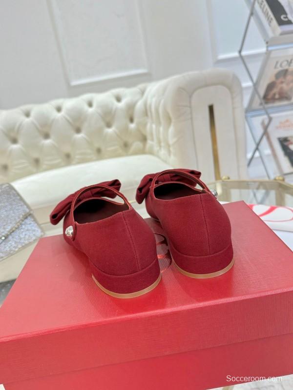 2025 Women Valentino Red Fabric Mary Jane Bow Flat LY00300