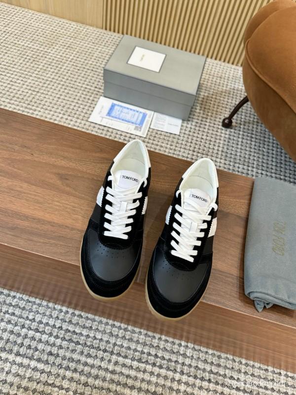 2025 Unisex TOM FORD Black White Leather Suede Sneakers Classic Contrasting LY00360