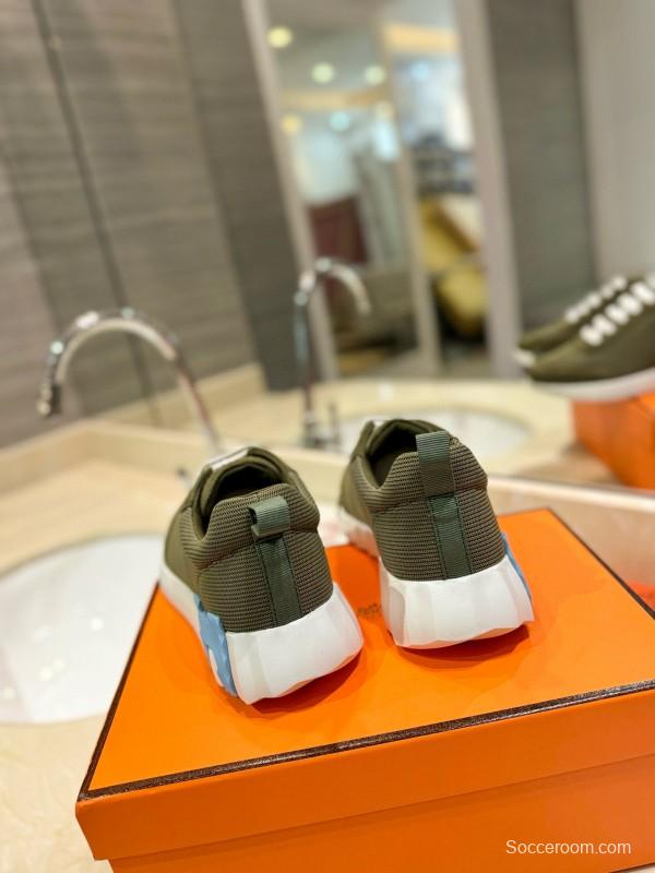 2024 Unisex Hermès Green Khaki Imported Silk Leather Sneakers MJ00320