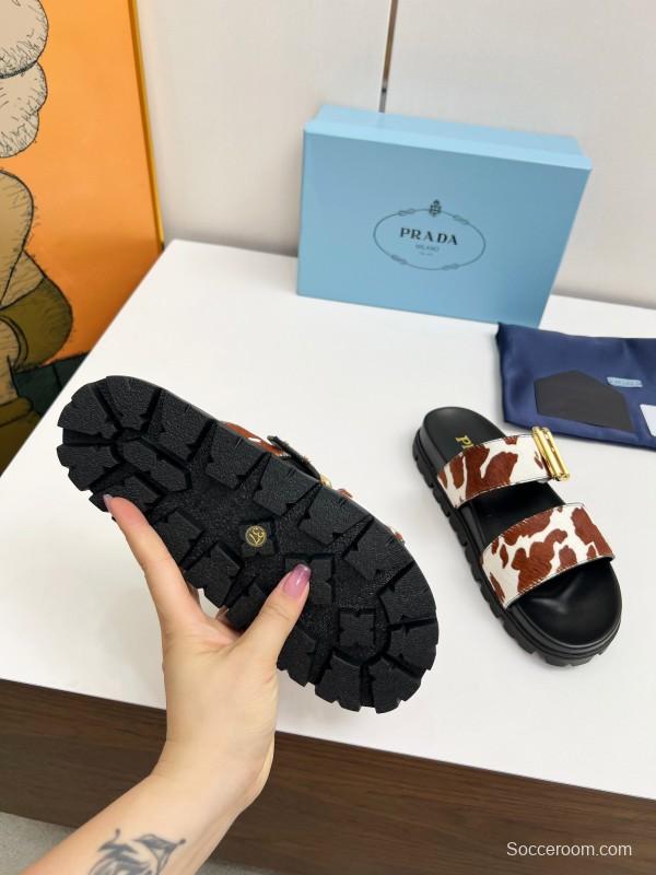 2025 Slippers Prada Brown White Leather Cow Print LY00260