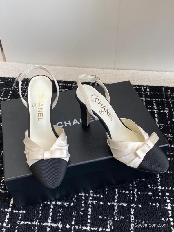 2025 Women Chanel Black White Satin Leather Slingback Heels