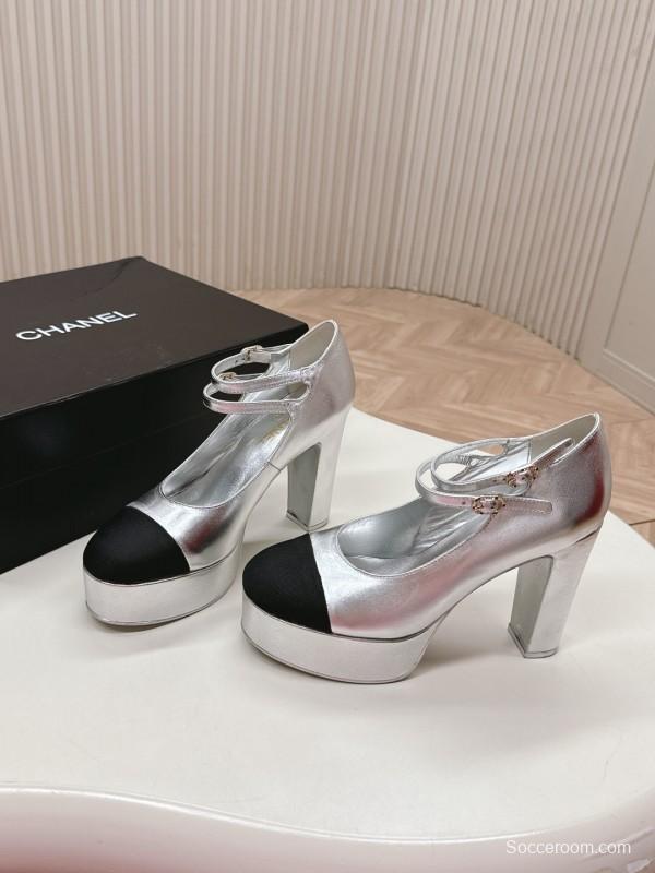 2025 Women Chanel Silver Black Leather Mary Jane Platform Heels