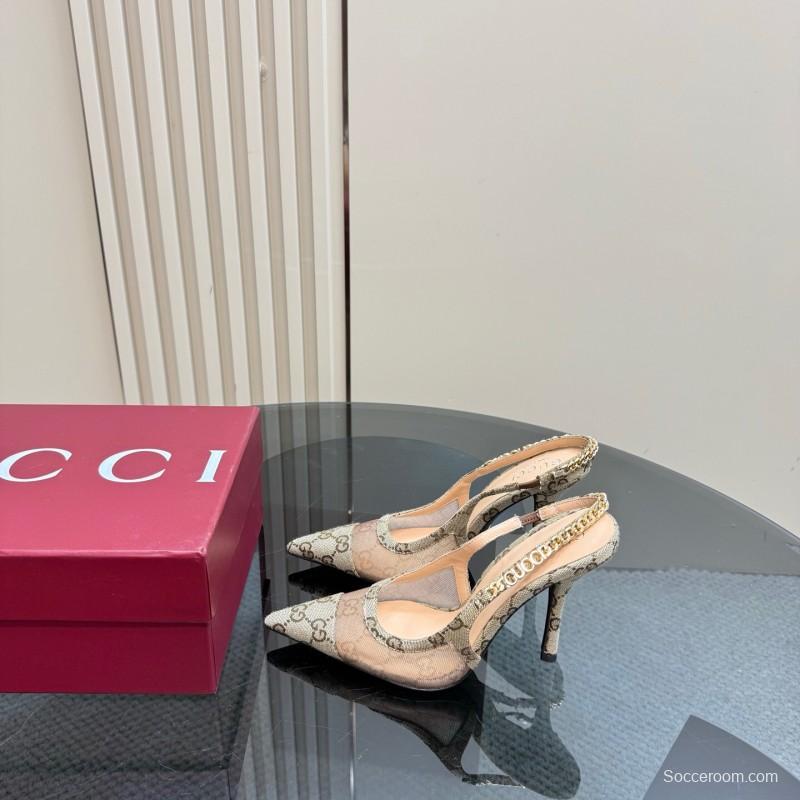 2025 Women Gucci Beige Mesh Fabric High Heel Pumps With Gold Chain Detailing KFY00300(F)