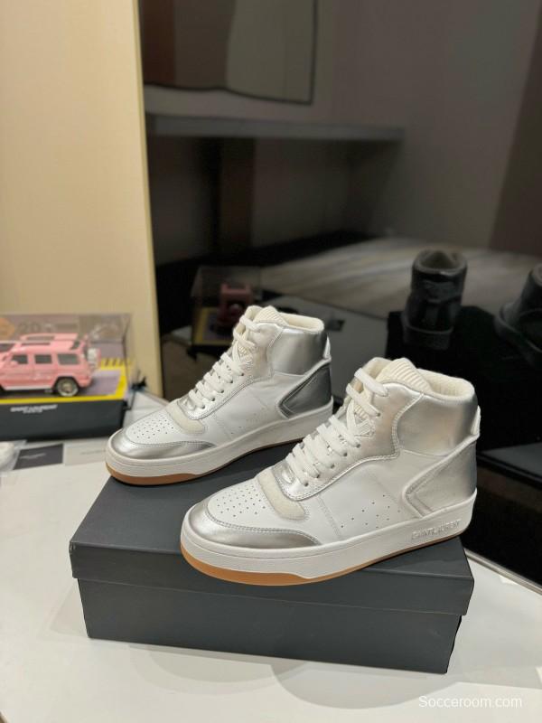 2024 Unisex Yves Saint Laurent White Silver Leather High Top Sneakers MJ00390
