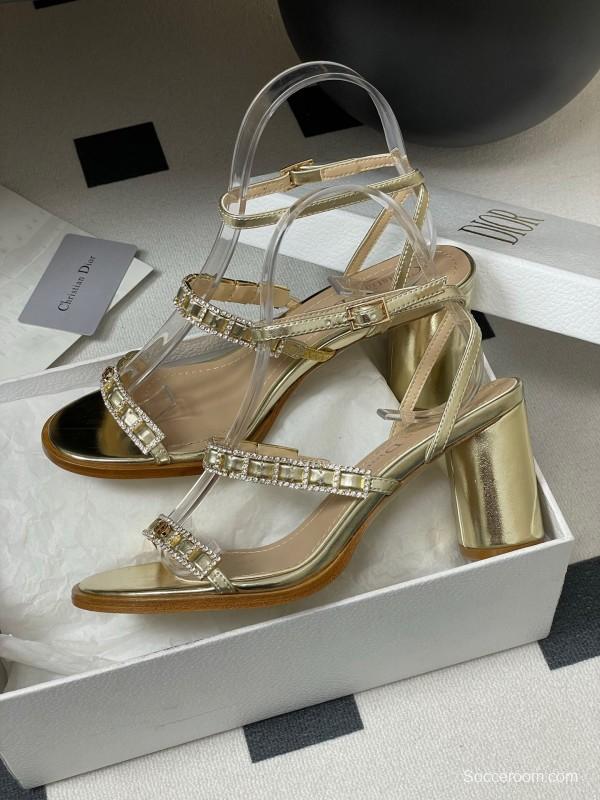 2025 Women Dior Gold Leather Crystal Block Heel Sandals