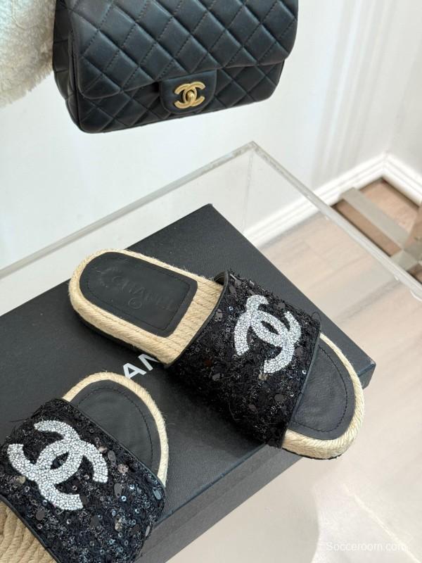 2025 Women Chanel Black Sequin Espadrille Slides Classic Double C Logo Handmade Braided Sole KFY00240(F)