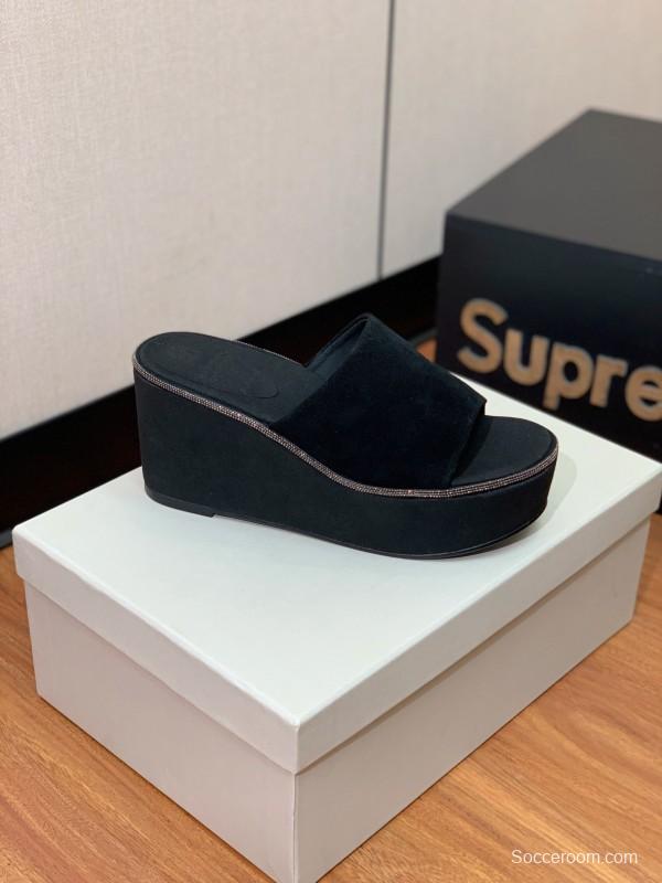 2025 Women BRUNELLO CUCINELLI Black Suede Platform Slide Sandals Casual Craftsmanship KFY00275(F)
