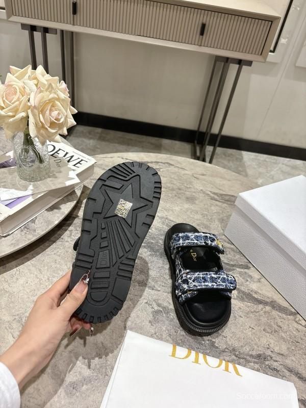 2025 Women Dior Black Blue Fabric Sandals KFY00300