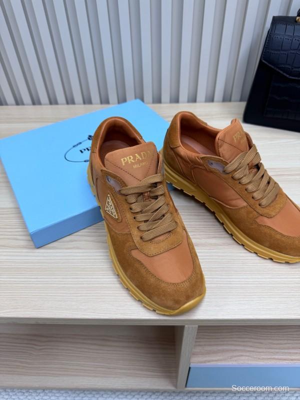 2025 Women Prada Brown Suede Nylon Sneakers LY00300