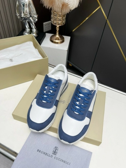 2024 Men Brunello Cucinelli Blue White Suede Calfskin Sneakers MJ00360