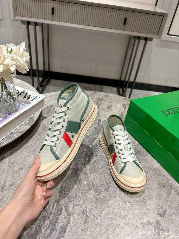 2025 Women Bottega Veneta Green White Red Canvas Leather High Top Sneakers