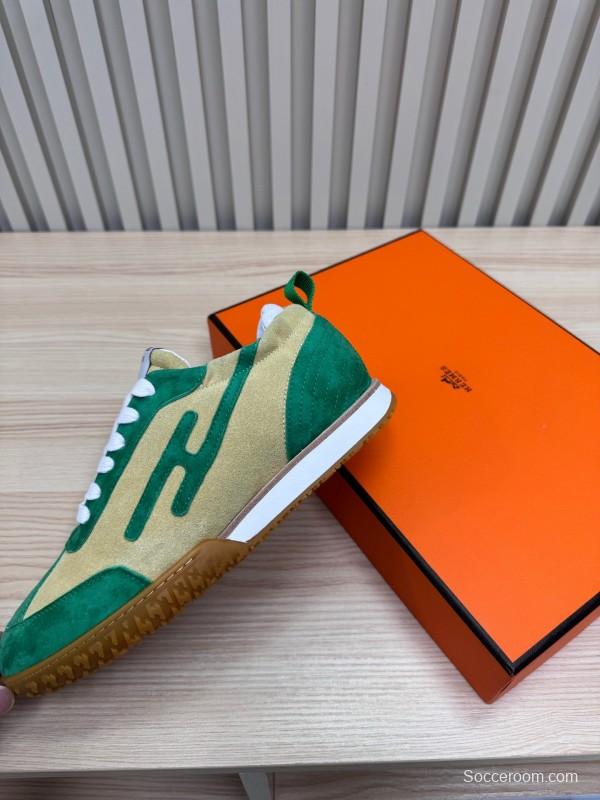 2025 Unisex Hermès Green Beige Suede Down Fabric Sneakers Top Version KFY00300