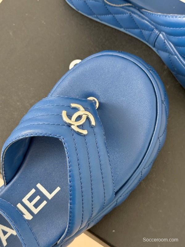 2025 Women Chanel Blue Leather Platform Sandals