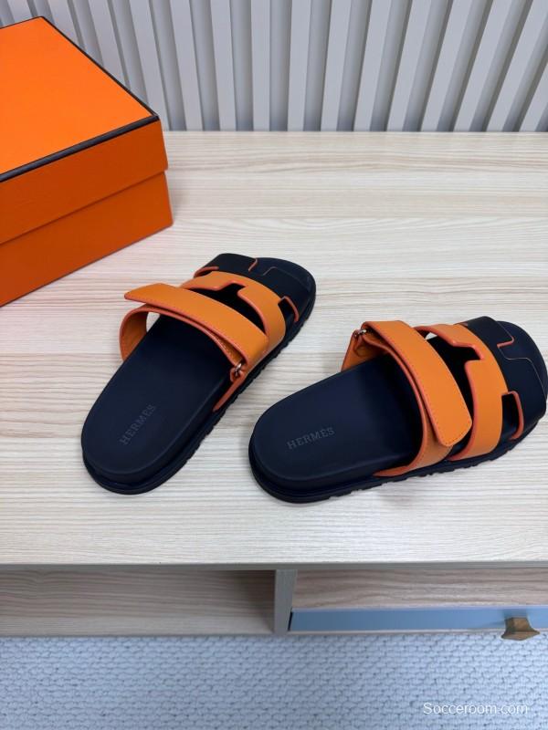 2025 Women Hermès Orange Black Leather Slippers