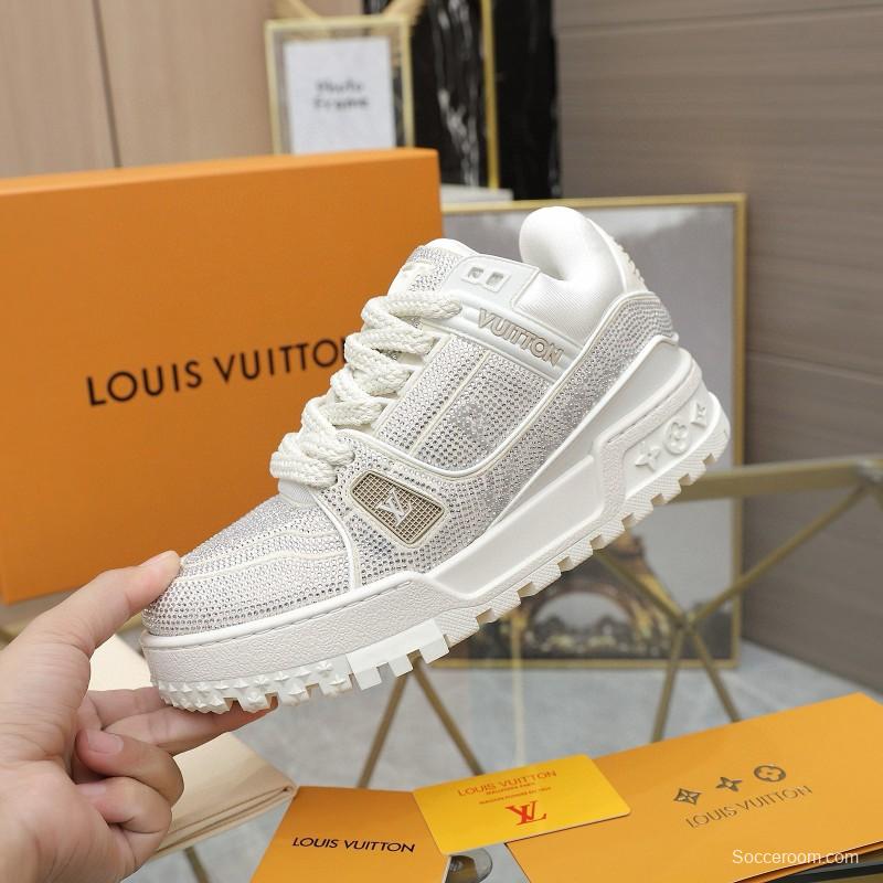 2024 Unisex Louis Vuitton White Crystal Trainer Leather Plimsolls High Temperature Pressing MJ00430