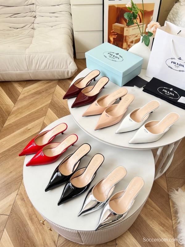 2025 Women Prada Black Patent Leather Heeled Slippers LY