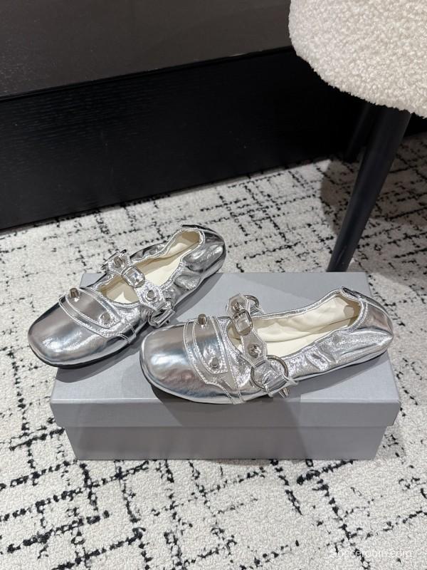 2025 Women BALENCIAGA Silver Leather Ballet Flats Metal Buckle KFY00300