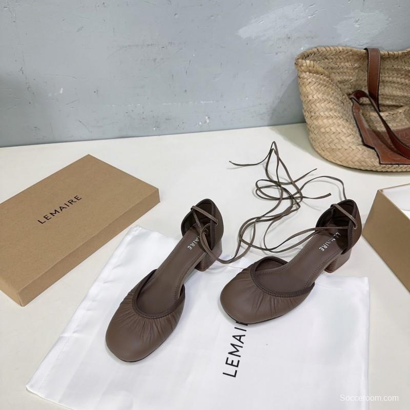 2025 Women LEMAIRE Brown Leather Mary Jane Lace-up Shoes