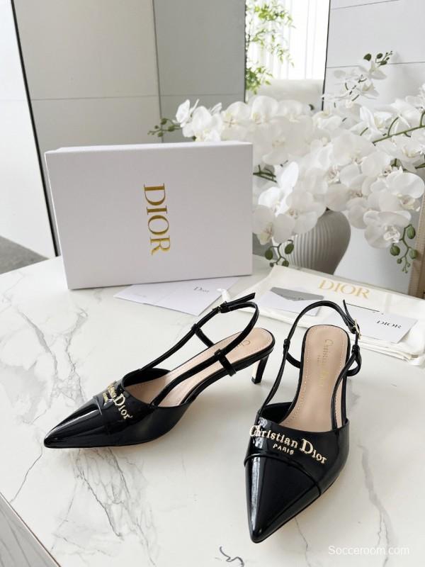 2025 Women Dior Black Patent Leather Slingback Heels KFY00310
