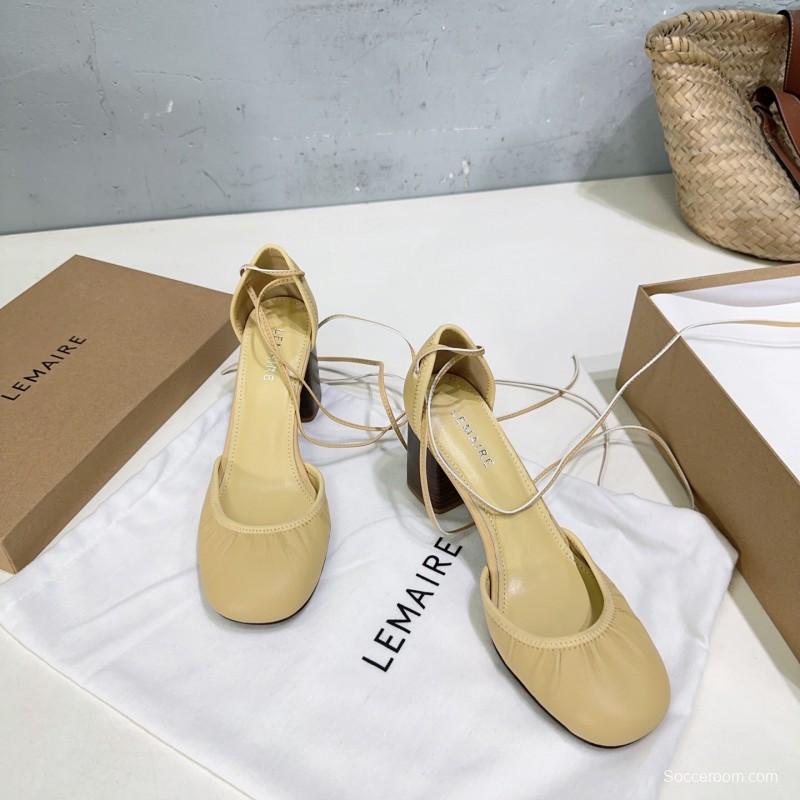 2025 Women LEMAIRE Pale Yellow Lambskin Mary Jane Heeled Shoes