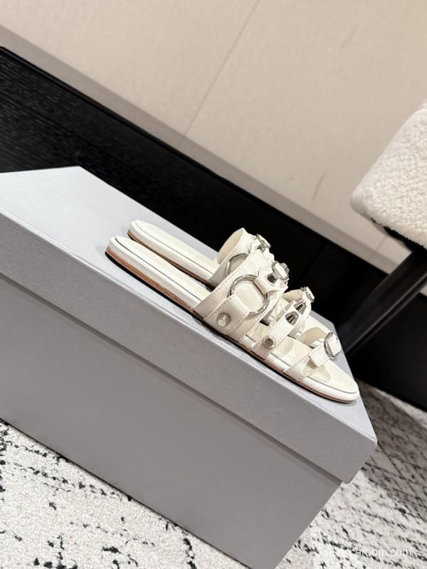 2025 Slippers Balenciaga White Leather Metal Studs KFY00289